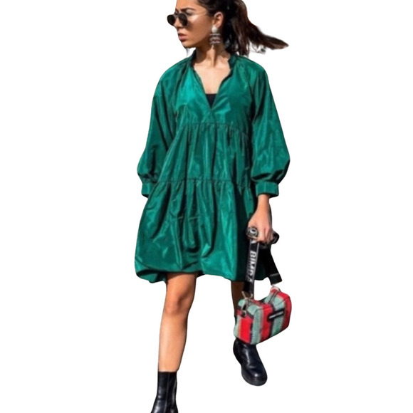 Zara Voluminous Taffeta Green V-Neck Dress - Size XL - Picture 1 of 11